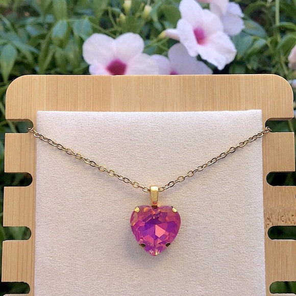 Fuchsia Opal Aurora Borealis + Gold Crystal Heart Drop Pendant Necklace - Picture 3 of 6